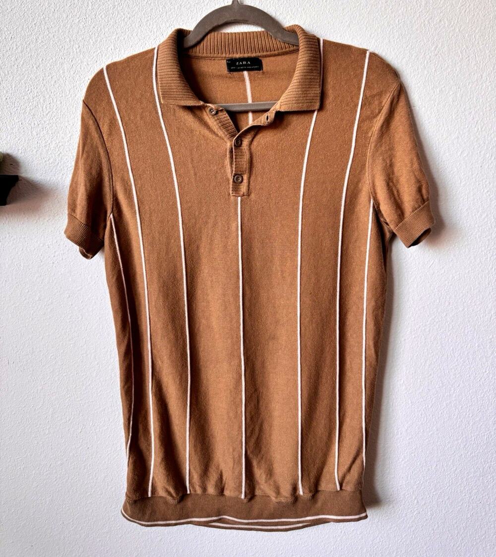 Zara Men's Brown Tan Striped Polo Shirt Size M